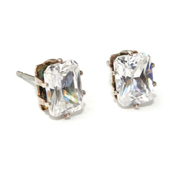 Vintage Emerald Cut Cubic Zirconia Stud Earrings Silver Tone Prong Set Studs - Picture 2 of 3